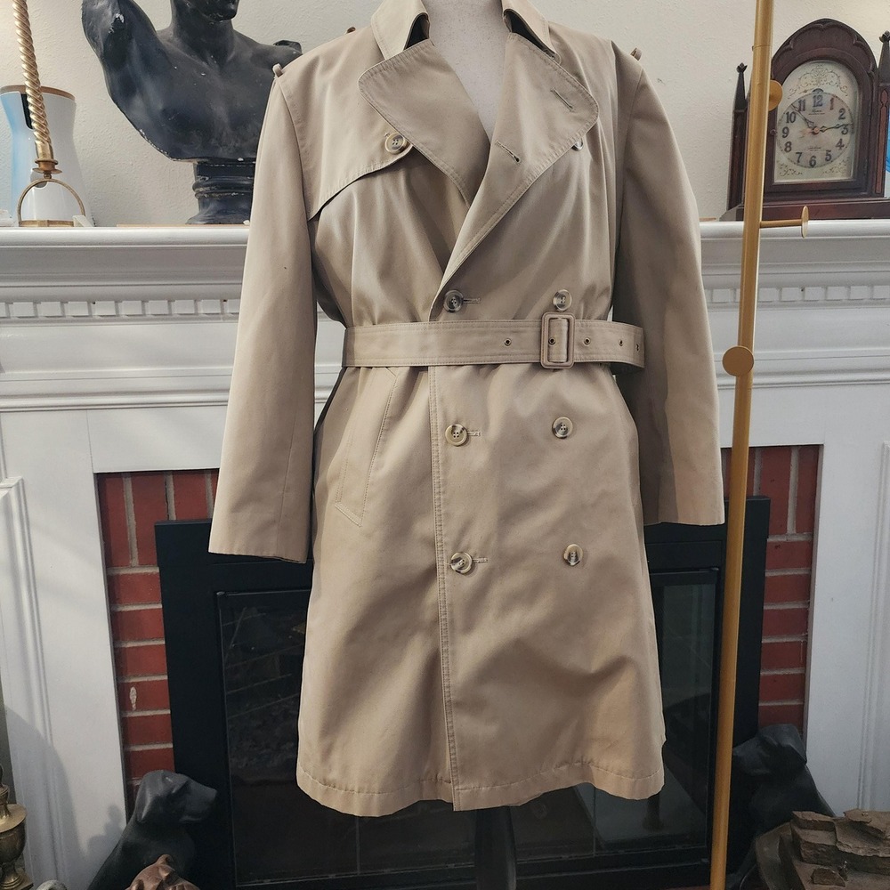 Misty Harbor Vintage Khaki Trench Coat Mens 40 Unisex Large Belted Beige Jacket
